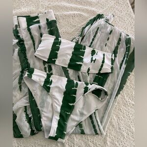Green and White Striped Bikini 3 piece set